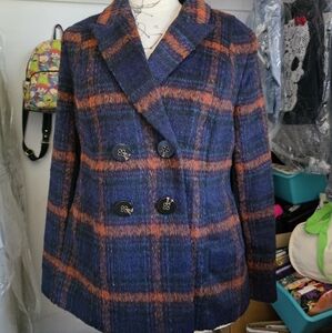 CABI Checkmate Jacket Wool Blue Orange Plaid Double Breasted Blazer Medium